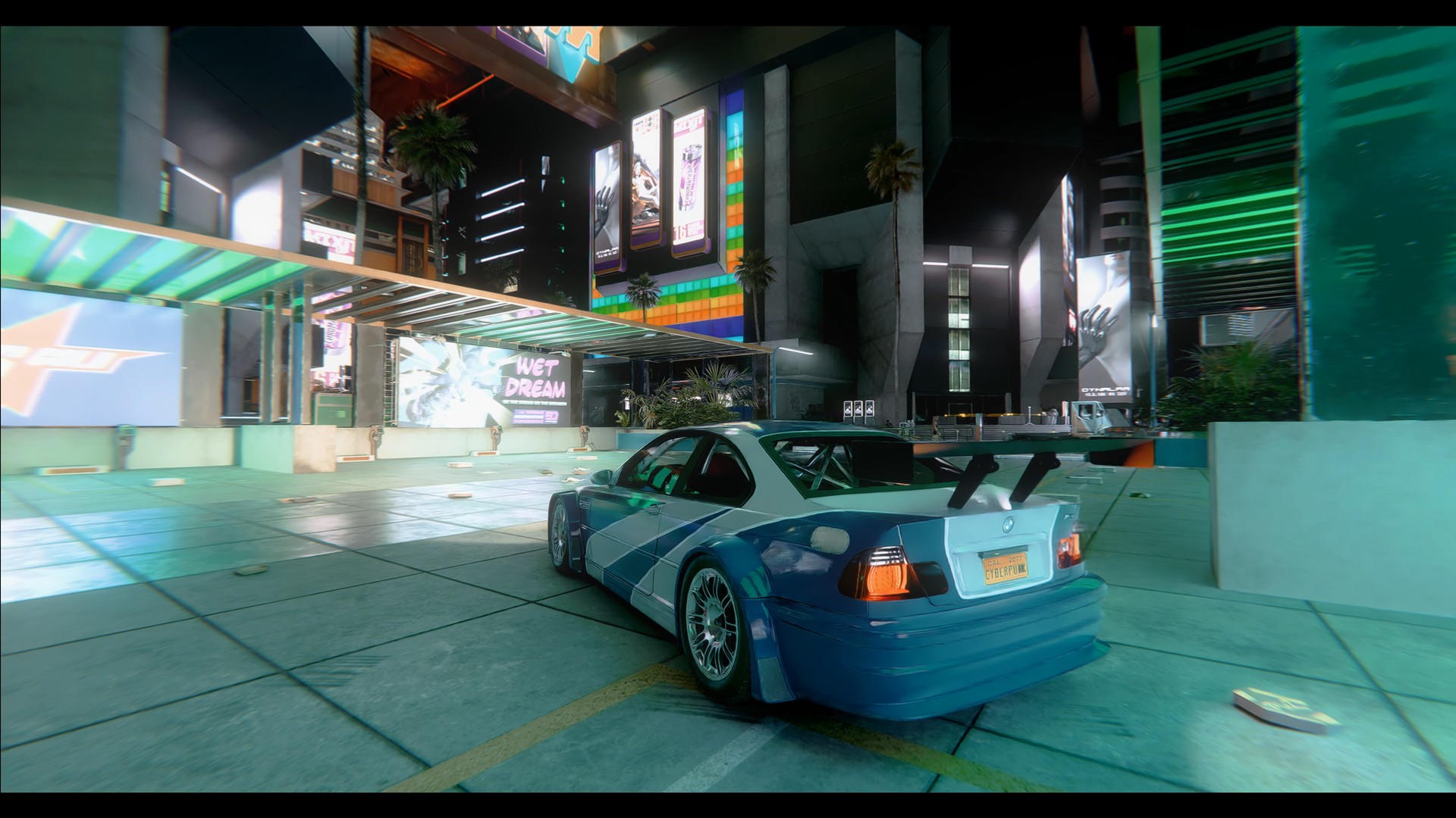 Neon street in Night City at dusk